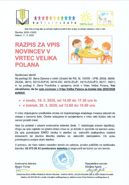 Razpis za vpis novincev v vrtec Velika Polana 2025